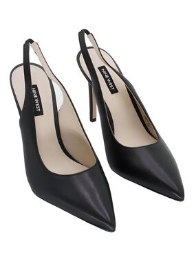 Nine West Feather Slingback Pumps Black Leather Pointed Toe Size 8M